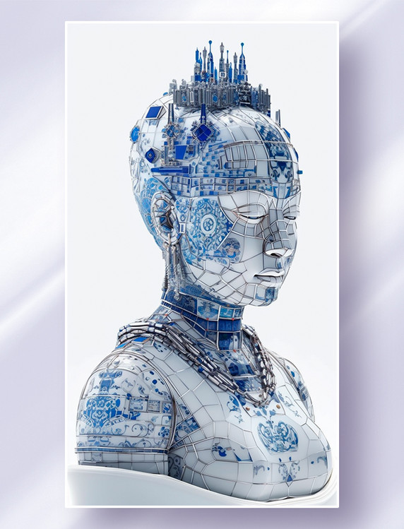 创意中国青花瓷电路板皮肤人物赛博朋克机械佛概念插画