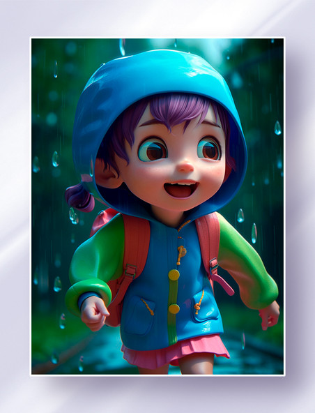 3D立体泡泡玛特风下雨天可爱小女孩背着书包奔跑回家场景图