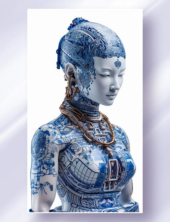创意中国青花瓷电路板皮肤赛博朋克人物机械佛概念插画