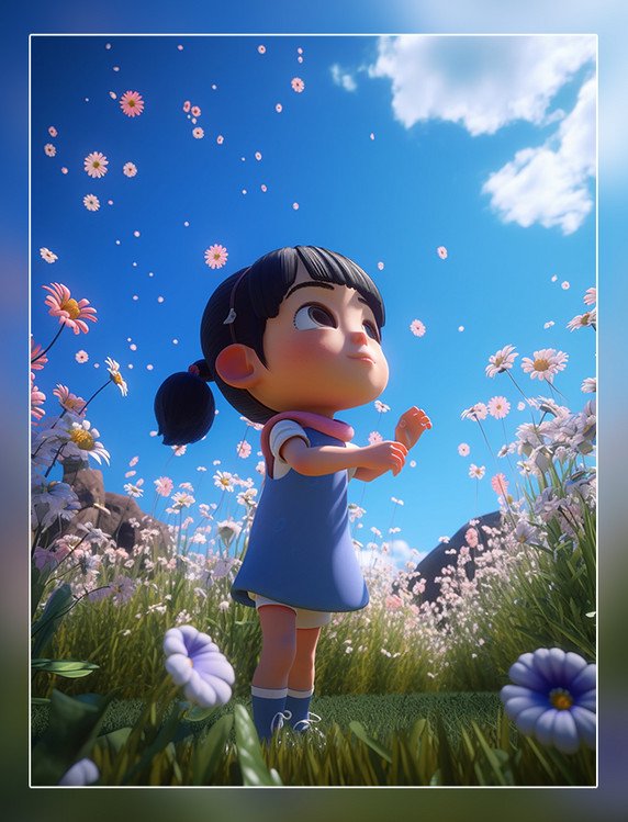 春天女孩蓝天白云青青草原花朵3D插画