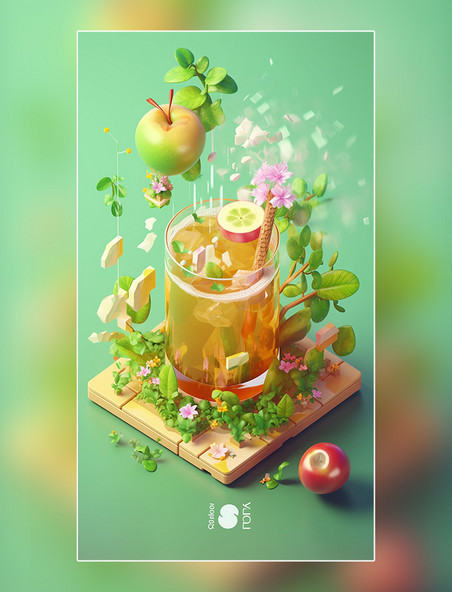 夏日苹果饮料水果薄荷柠檬果冻玻璃杯花丰富的细节饮料