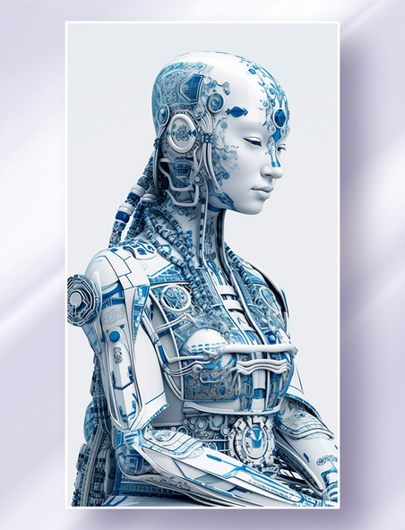 人创意中国青花瓷电路板皮肤赛博朋克机械佛概念插画
