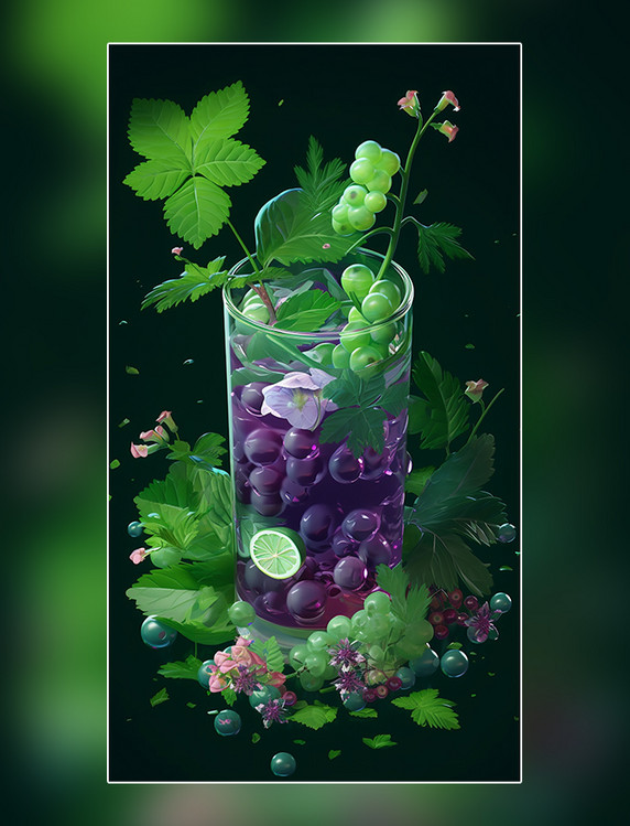夏日葡萄饮料水果薄荷柠檬果冻玻璃杯夏天水果茶