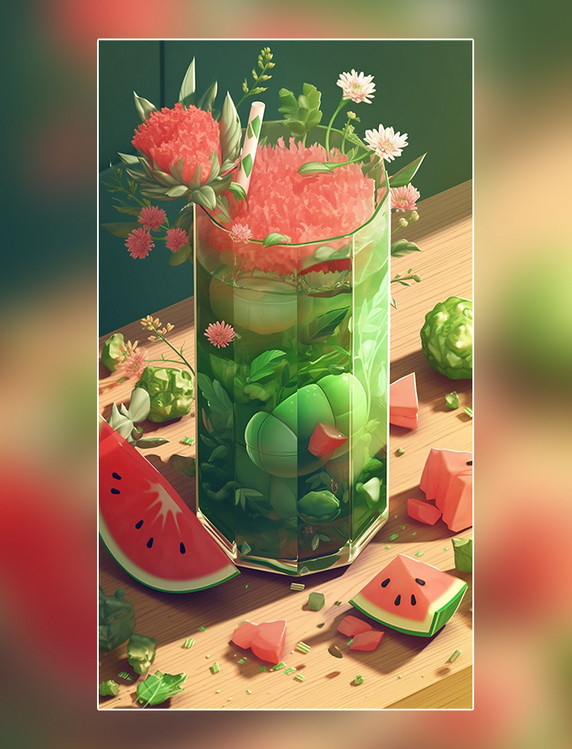 夏日西瓜饮料水果薄荷柠檬果冻玻璃杯夏天