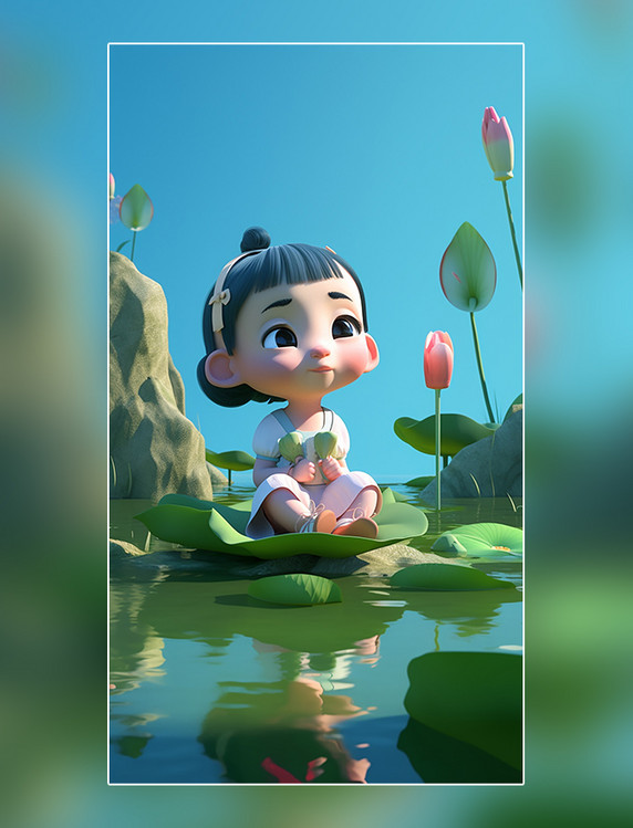 夏天夏季女孩池塘荷花荷叶花朵3D插画