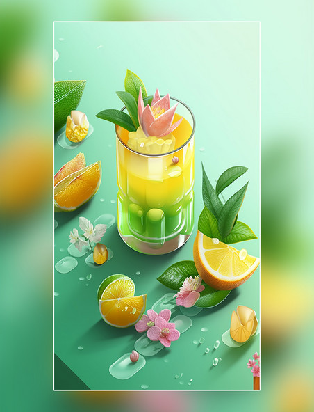 夏天柠檬水夏日橙子饮料水果薄荷柠檬果冻玻璃杯水果茶柠檬水青柠夏天