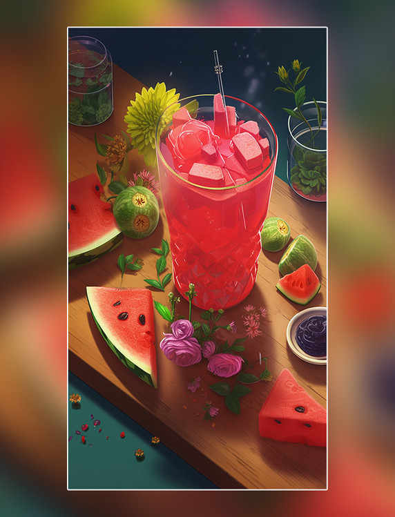 夏日西瓜饮料水果薄荷柠檬果冻玻璃杯夏天水果茶夏天