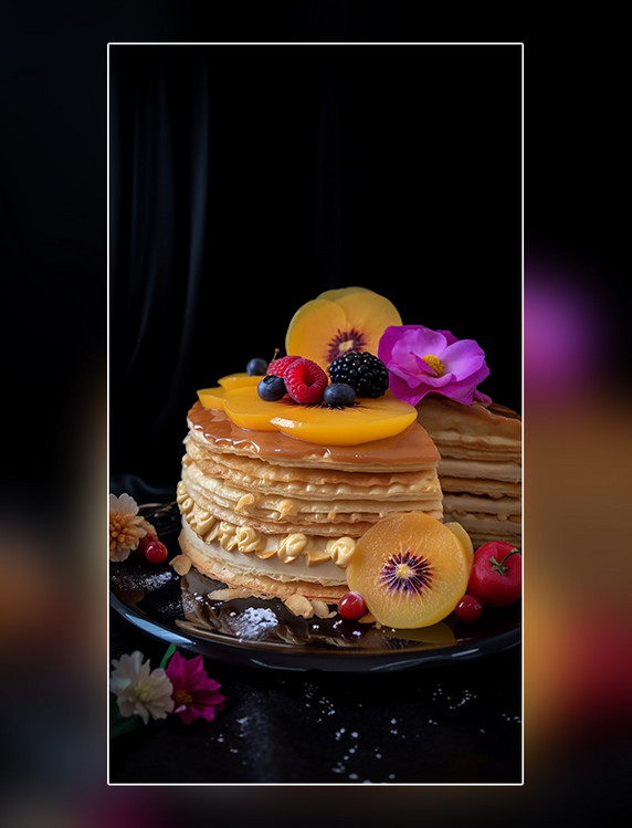 千层蛋糕西式甜点水果装饰花朵创意特写逼真