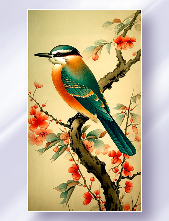 中国风国画花鸟风景图喜鹊翠鸟工笔画