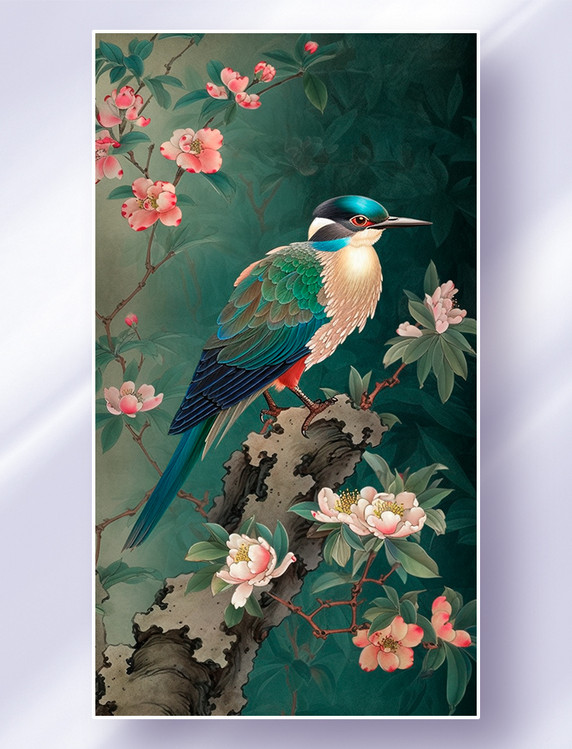 中国风国画花鸟风景图喜鹊翠鸟工笔画