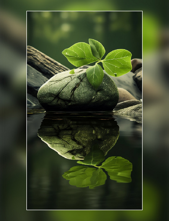 叶子绿色石头植物拍摄背植物倒影产品摄影背景化妆品摄影背景风景景物