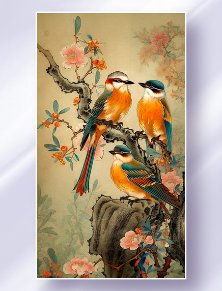 中国风国画花鸟风景图工笔画