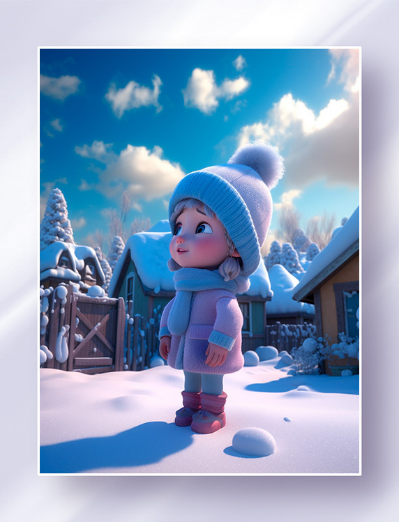 3D立体泡泡玛特风冬天站在雪地里的可爱小女孩场景图冬天