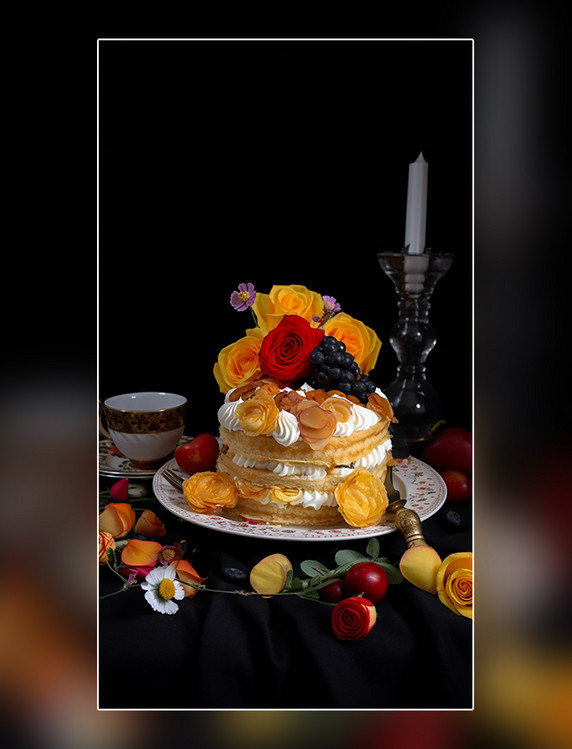 千层蛋糕西式甜点水果装饰花朵创意特写逼真