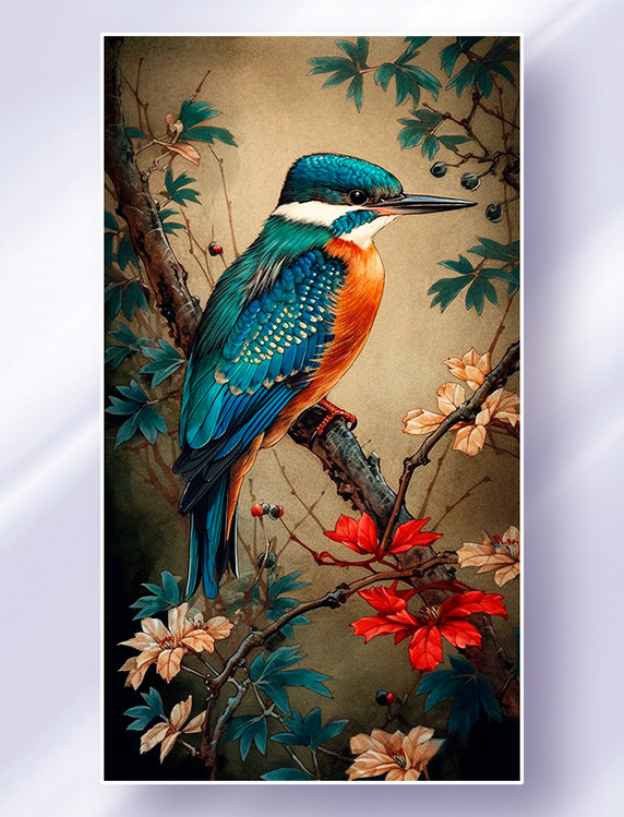 中国风国画花鸟风景图工笔画喜鹊翠鸟