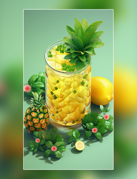夏天水果茶夏日菠萝饮料水果薄荷柠檬果冻玻璃杯