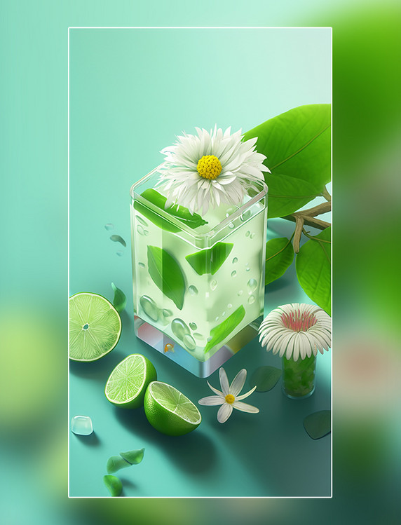 夏日夏天雏菊青橘饮料水果薄荷柠檬果冻玻璃杯水果茶