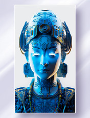 创意中国青花瓷电路板皮肤赛博朋克机械佛人物插画