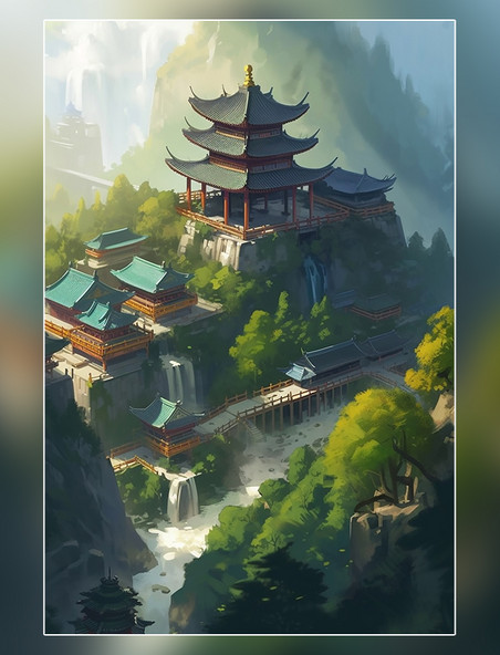 群山环绕山顶建筑群古代的中国寺院小桥流水瀑布树林远景