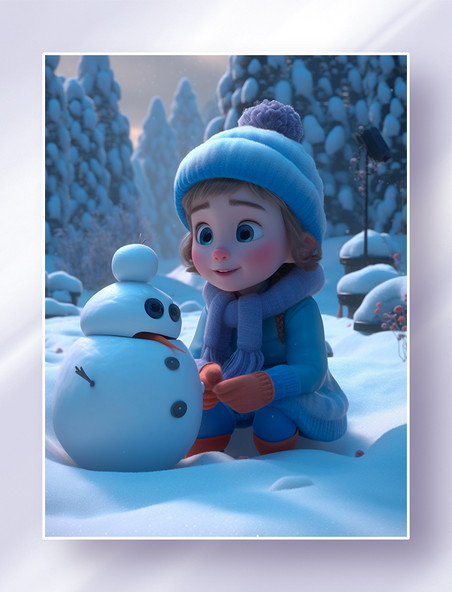 3D立体泡泡玛特风冬天在雪地里的可爱小女孩和小雪人场景图冬天