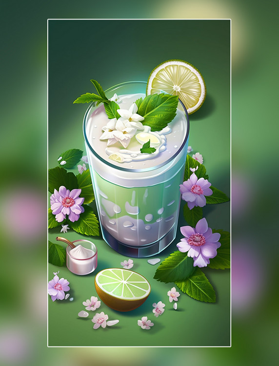 夏日椰汁饮料水果薄荷柠檬果冻玻璃杯水果茶栀子花夏天椰奶
