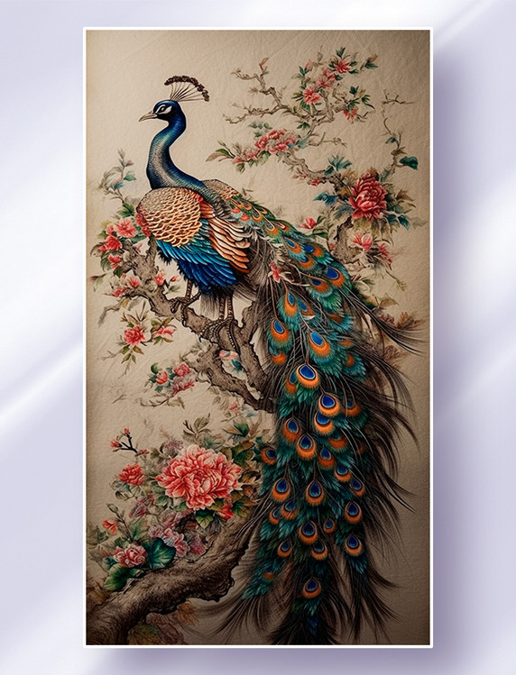 孔雀中国风国画花鸟风景图工笔画