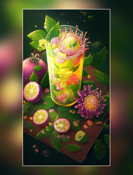 夏日百香果饮料水果薄荷柠檬果冻玻璃杯花丰富的细节饮料