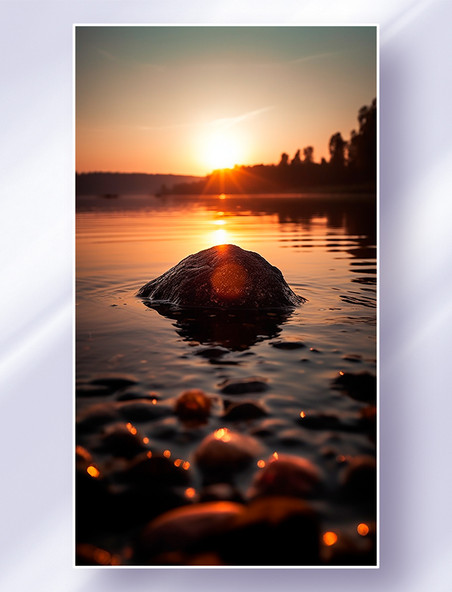 晚霞照在平静的湖水水面上中间有一块石头背景图