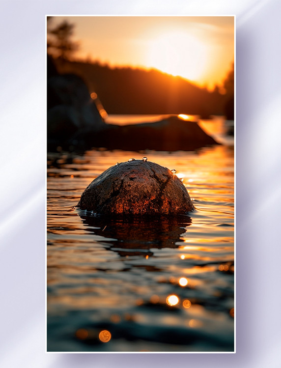 夕阳照在静谧的湖水水面中间有一个石头背景图