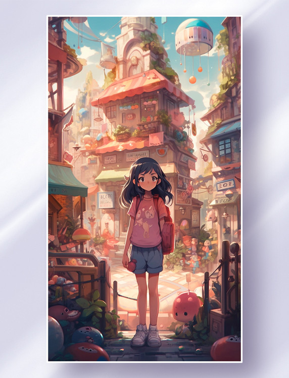 可爱的二次元小女孩背着书包站在繁华的商业街街头