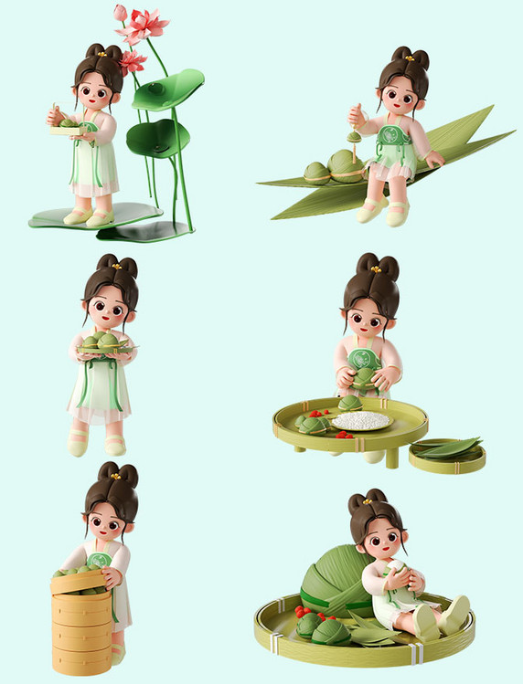 端午节3D立体粽子女孩人物C4D套图