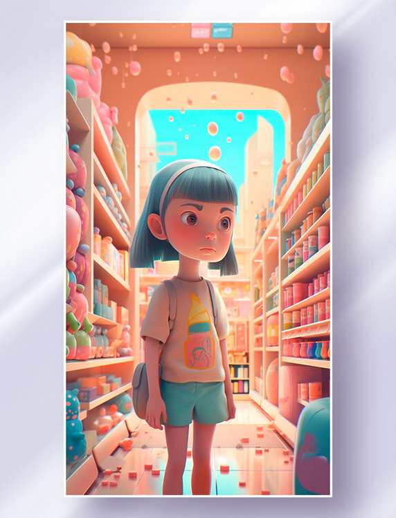 一个可爱小女孩站在繁华的未来购物城商店里场景插画