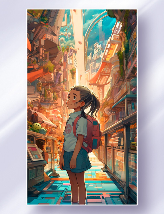 在未来的购物城里一个小女孩抬头看着商店货架上的商品插画