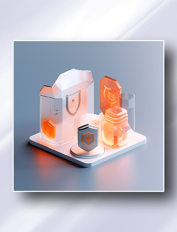 橙色系磨砂玻璃网络安全系统防护图标科技感icon
