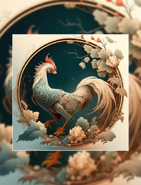 植物国潮公鸡中国风插画动物