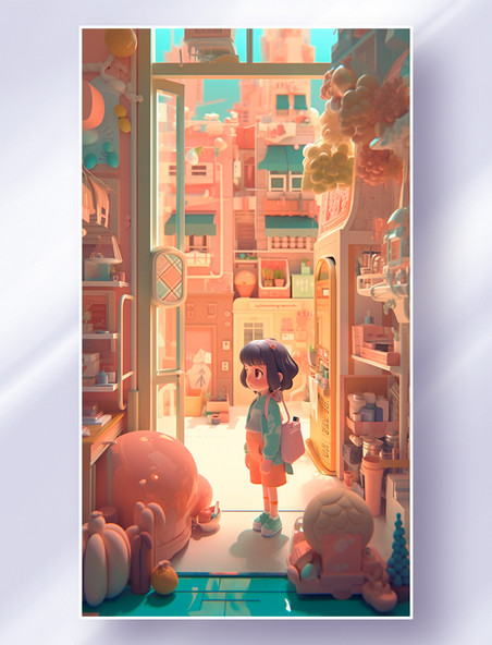 一个可爱的小女孩站在未来购物街街头看着商品发呆插画