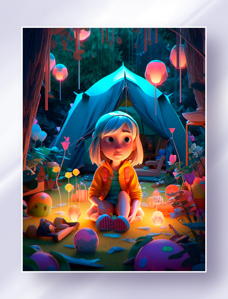 泡泡玛特风梦幻森林里一个小女孩在野外露营插画