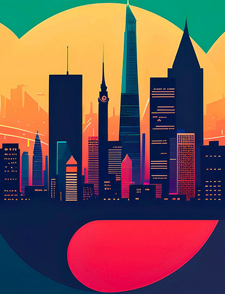 城市剪影扁平风建筑插画海报数字作品AI绘画数字艺术