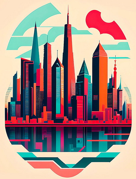 扁平风城市平面剪影建筑插画海报数字作品AI绘画数字艺术
