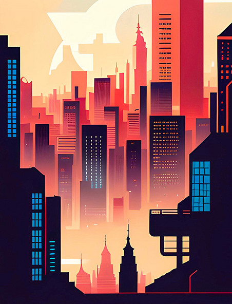 城市剪影平面建筑插画海报数字作品AI绘画数字艺术