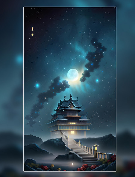 童话世界建筑星空古代中国风银河夜晚星空