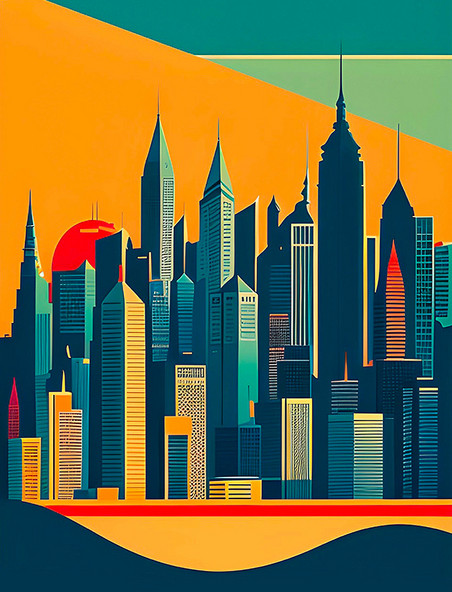 扁平风城市剪影建筑插画海报数字作品AI绘画数字艺术