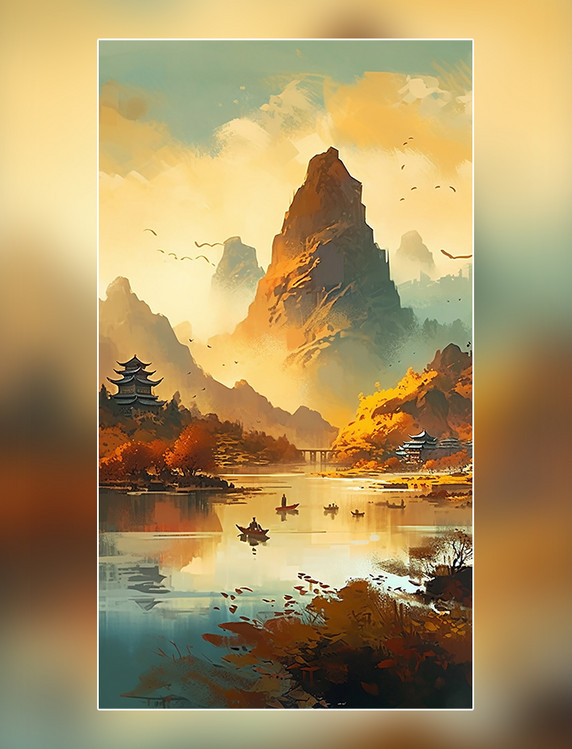 黄昏下的美景国潮风中国风远山景观图山水壮丽清河船只鸟类风景插图