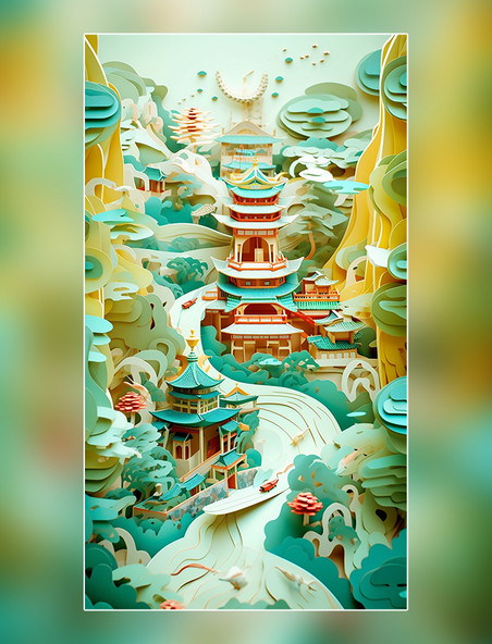 剪纸艺术城市春季城市中国超美插图中国建筑平面插图