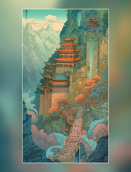 浮世绘风格国潮中国古代建筑塔山水河流长城水彩画中国传统建筑