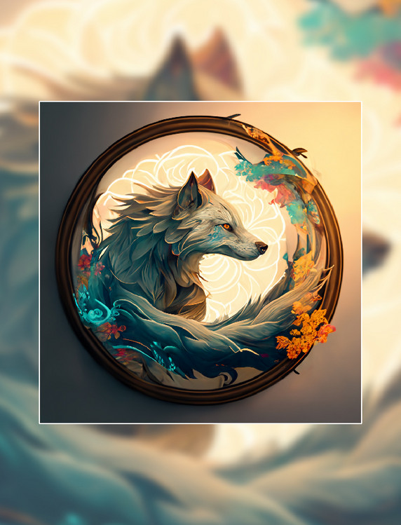 白狼动物植物国潮中国风插画动物元素徽章