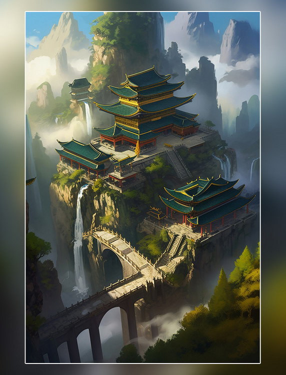 壮丽古建筑中国风国潮风景观图远山清河船只鸟类风景插图