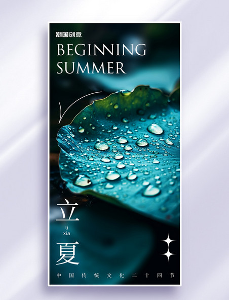 立夏二十四节气绿叶水珠质感海报