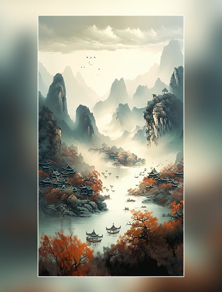 景观图远山古建筑国潮风中国风清河船只鸟类风景插图
