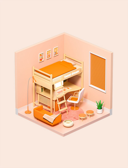 3D立体微观橘色房间